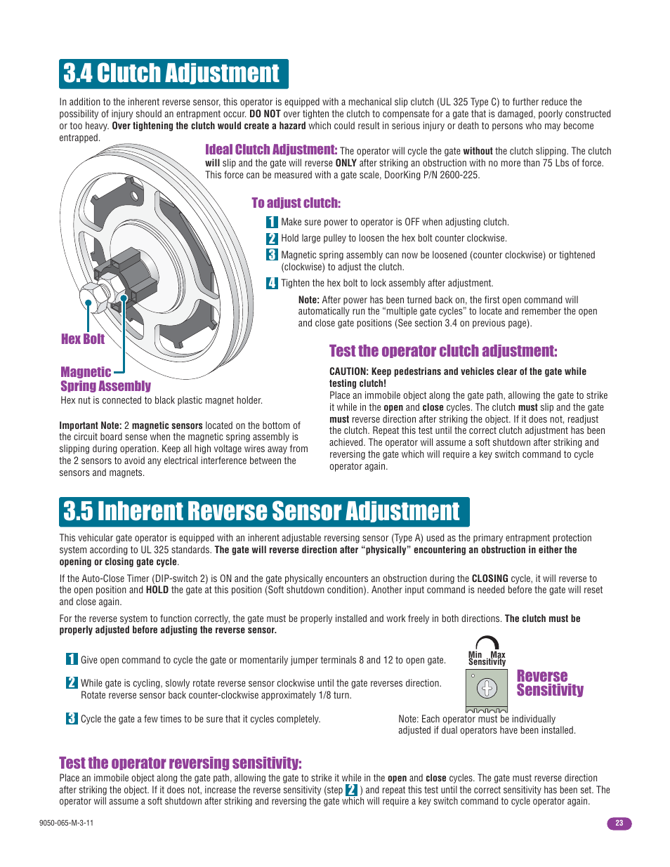 4 clutch adjustment, 5 inherent reverse sensor adjustment, Reverse sensitivity | Test the operator clutch adjustment, Test the operator reversing sensitivity | Controlled Products Systems Group 9050-080 User Manual | Page 25 / 42