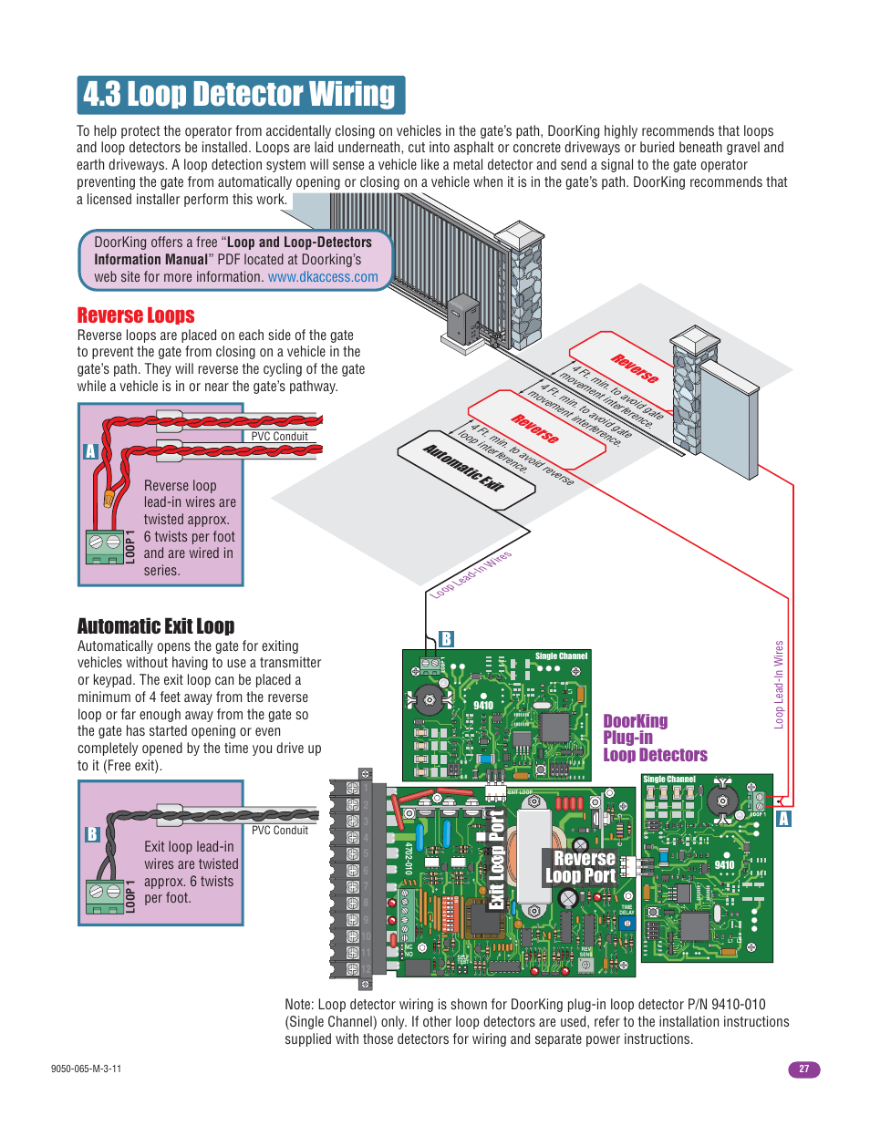 3 loop detector wiring, Reverse loops, Automatic exit loop | Exit loop por t reverse loop port, Doorking plug-in loop detectors b, Reverse, Reverse automatic exit | Controlled Products Systems Group 9050-080 User Manual | Page 29 / 42