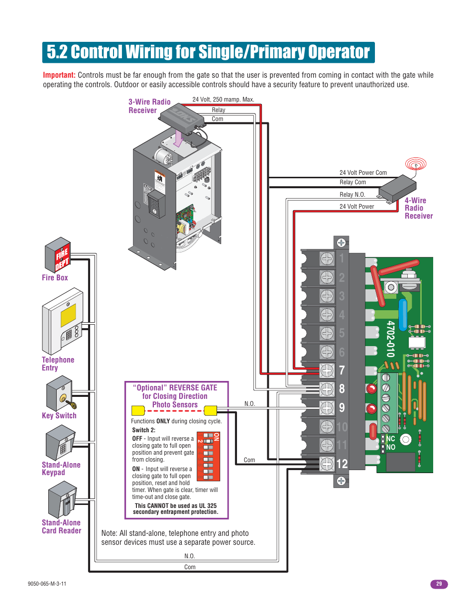 2 control wiring for single/primary operator | Controlled Products Systems Group 9050-080 User Manual | Page 31 / 42