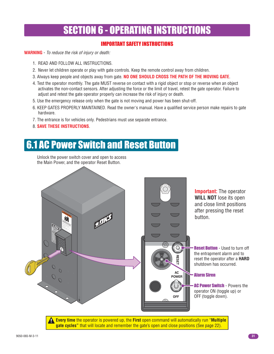 1 ac power switch and reset button, Important safety instructions | Controlled Products Systems Group 9050-080 User Manual | Page 33 / 42