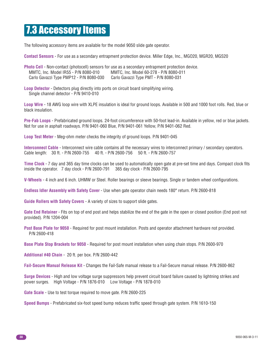 3 accessory items | Controlled Products Systems Group 9050-080 User Manual | Page 40 / 42