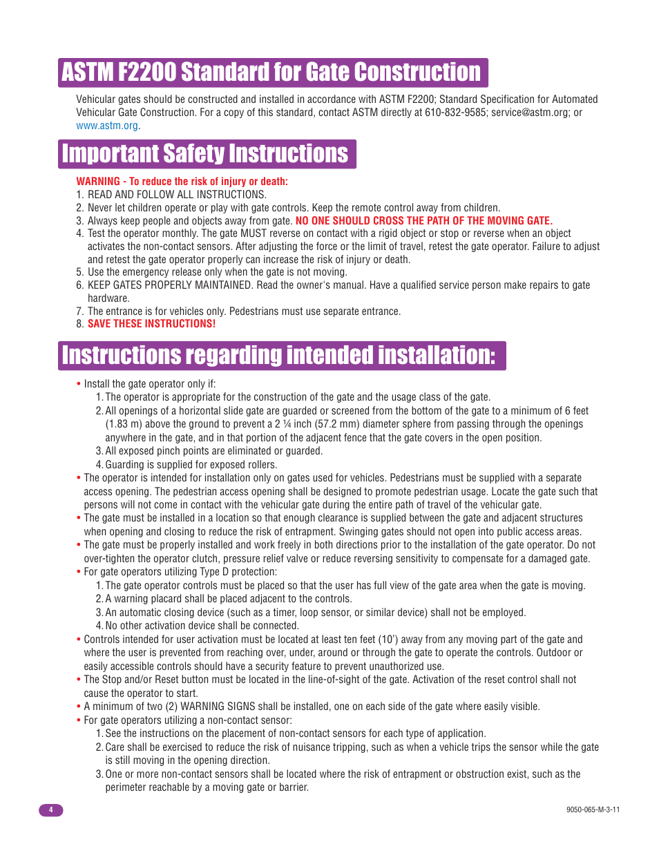 Instructions regarding intended installation, Important safety instructions, Astm f2200 standard for gate construction | Controlled Products Systems Group 9050-080 User Manual | Page 6 / 42