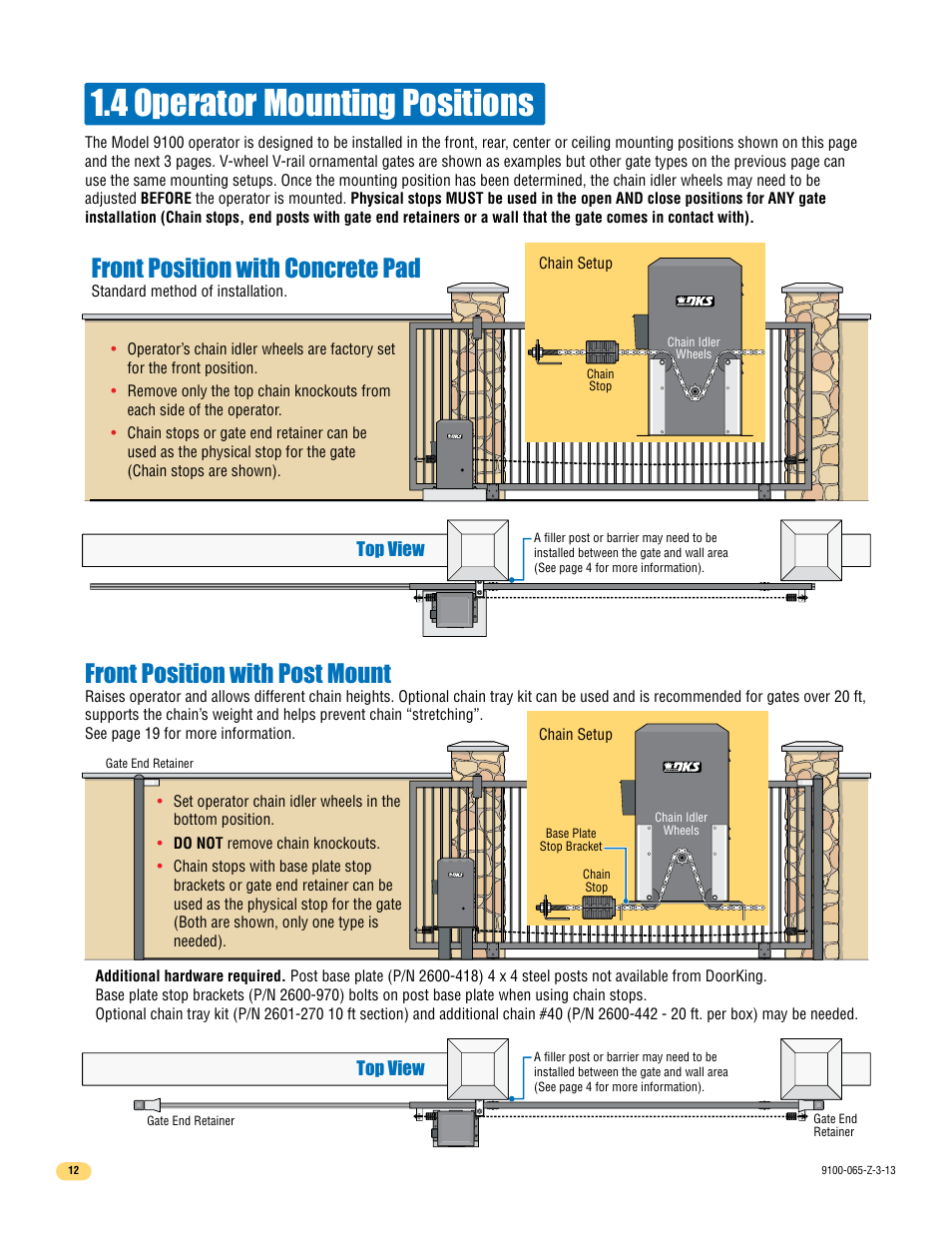 4 operator mounting positions, Front position with concrete pad, Front position with post mount | Controlled Products Systems Group 9100-080 User Manual | Page 14 / 46