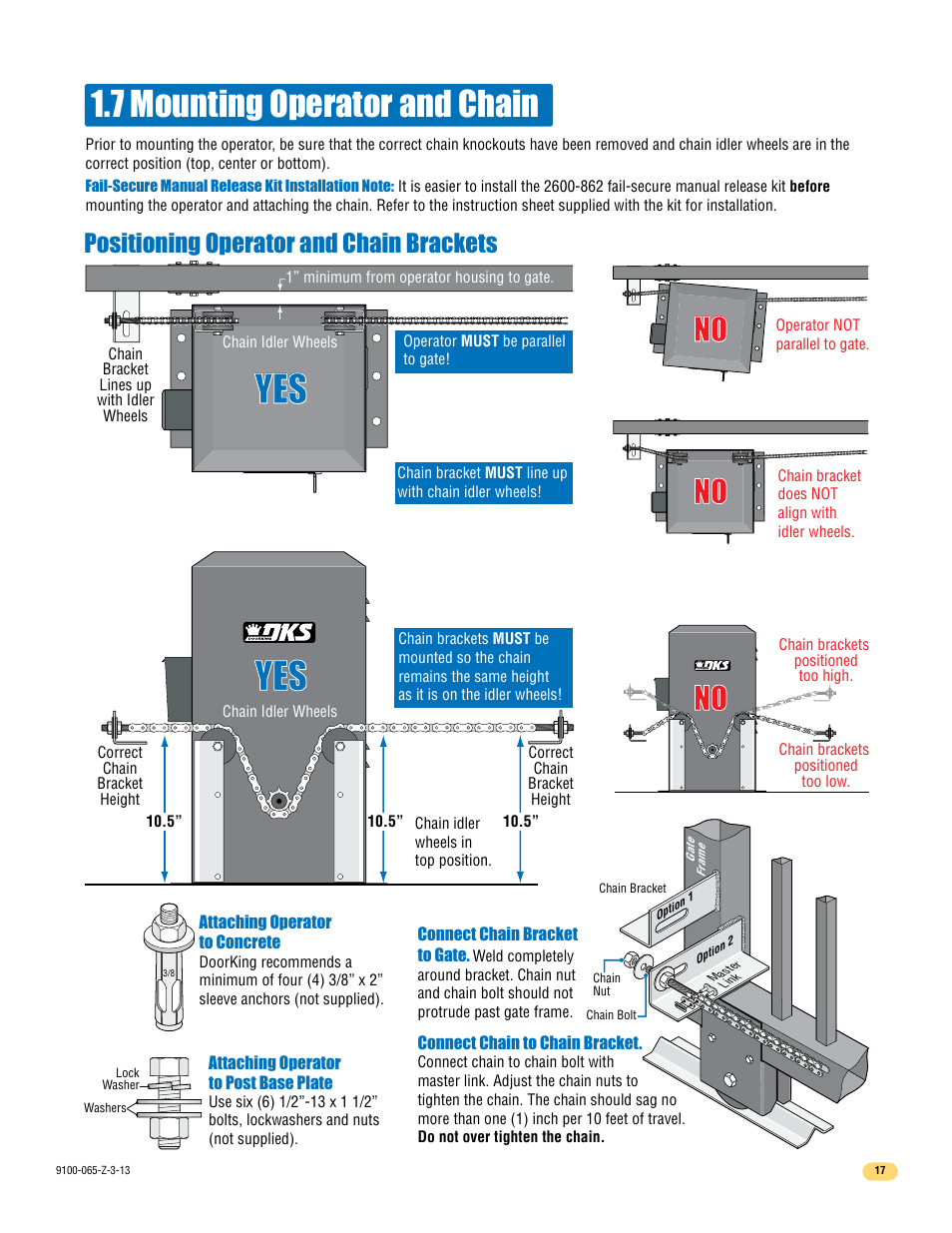 7 mounting operator and chain, Positioning operator and chain brackets | Controlled Products Systems Group 9100-080 User Manual | Page 19 / 46