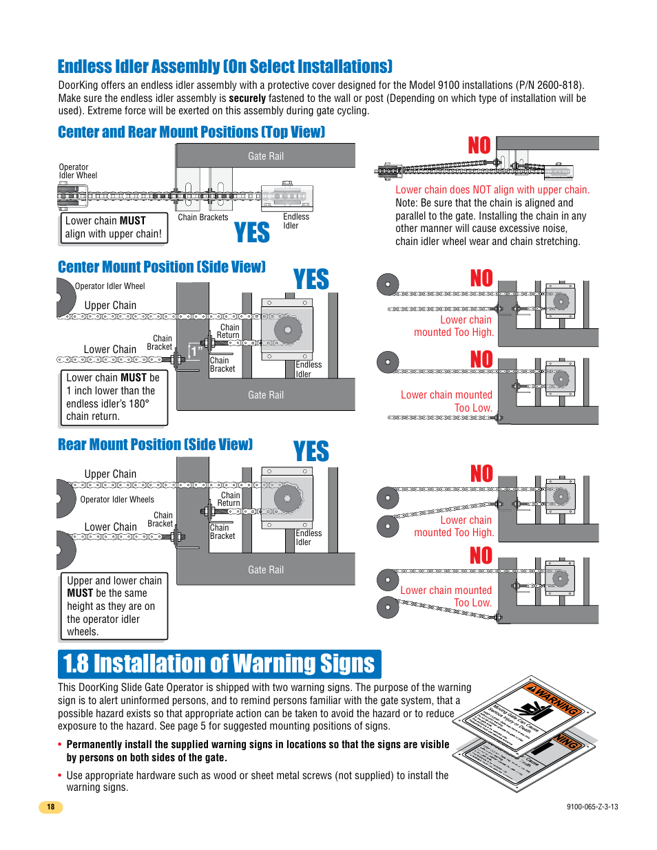 8 installation of warning signs, Endless idler assembly (on select installations) | Controlled Products Systems Group 9100-080 User Manual | Page 20 / 46