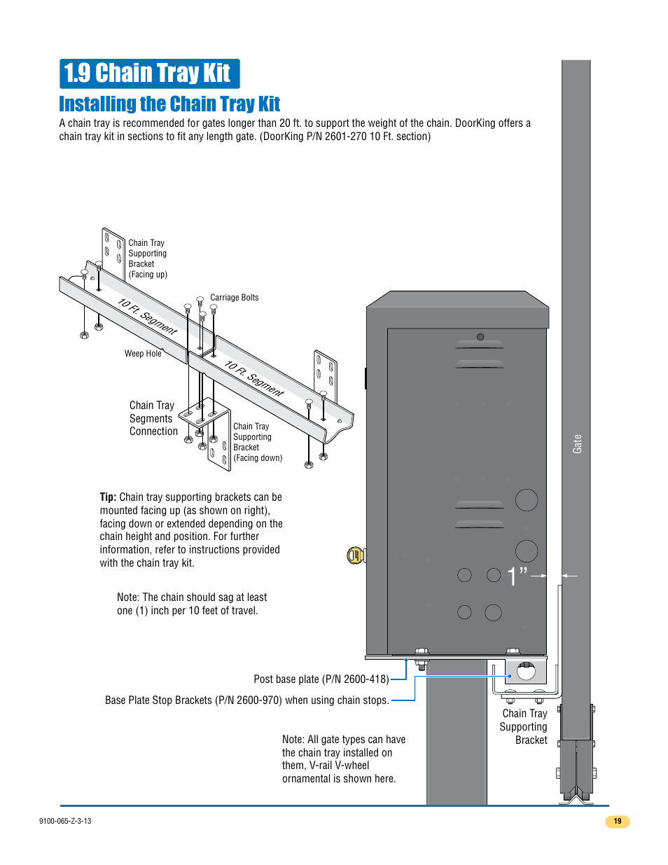 9 chain tray kit, Installing the chain tray kit | Controlled Products Systems Group 9100-080 User Manual | Page 21 / 46