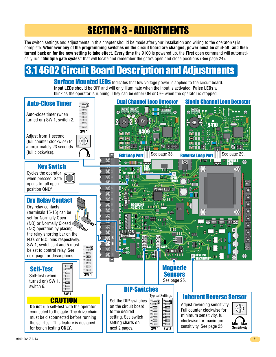 Auto-close timer, Dry relay contact, Dip-switches | Surface mounted leds, Key switch, Inherent reverse sensor, Caution, Self-test, Magnetic sensors | Controlled Products Systems Group 9100-080 User Manual | Page 23 / 46