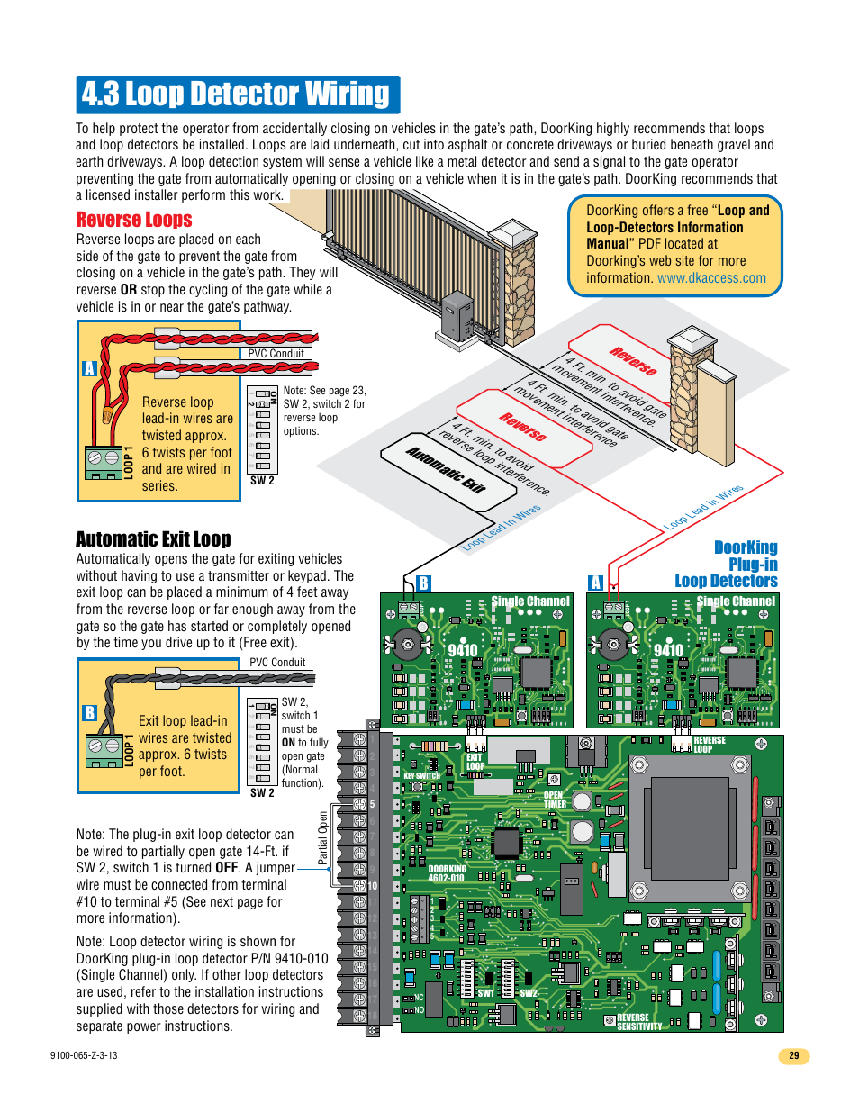 3 loop detector wiring, Reverse loops, Automatic exit loop | Doorking plug-in loop detectors | Controlled Products Systems Group 9100-080 User Manual | Page 31 / 46