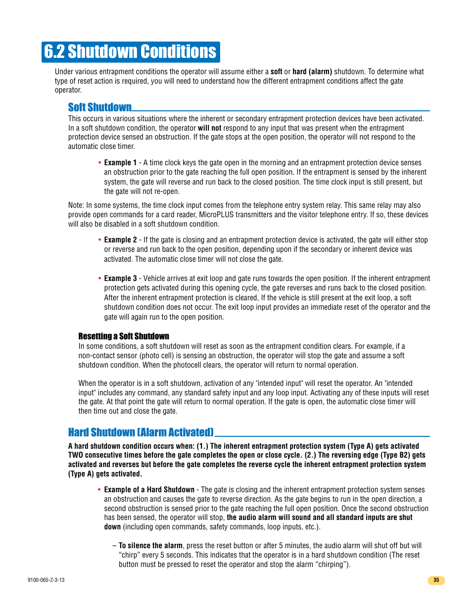 2 shutdown conditions, Soft shutdown, Hard shutdown (alarm activated) | Controlled Products Systems Group 9100-080 User Manual | Page 37 / 46