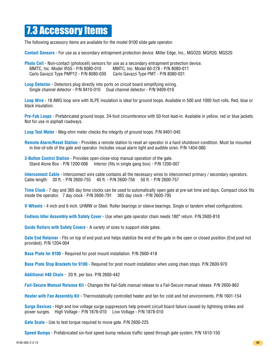 3 accessory items | Controlled Products Systems Group 9100-080 User Manual | Page 43 / 46