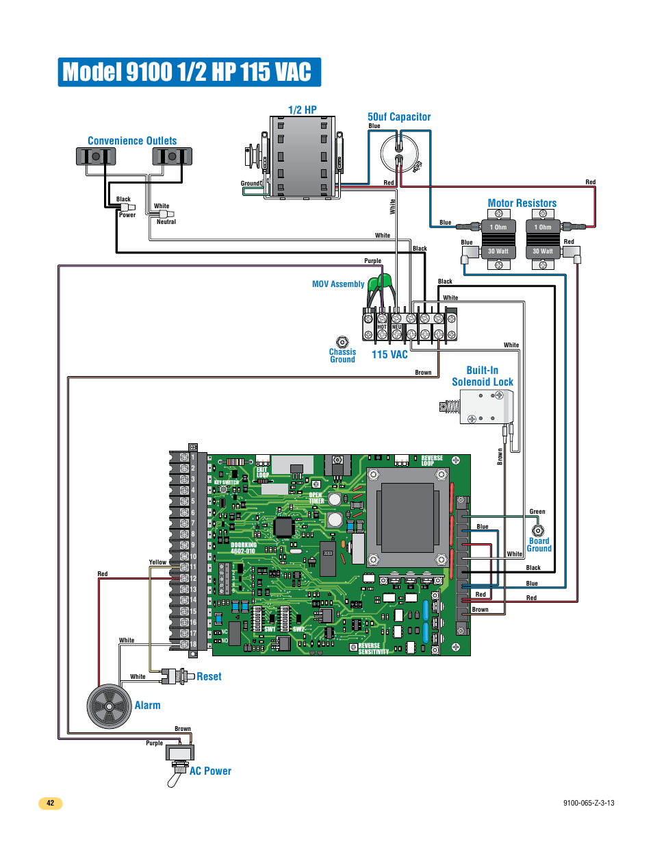 50uf capacitor reset ac power alarm, 115 vac, Convenience outlets motor resistors | 1/2 hp, Built-in solenoid lock | Controlled Products Systems Group 9100-080 User Manual | Page 44 / 46