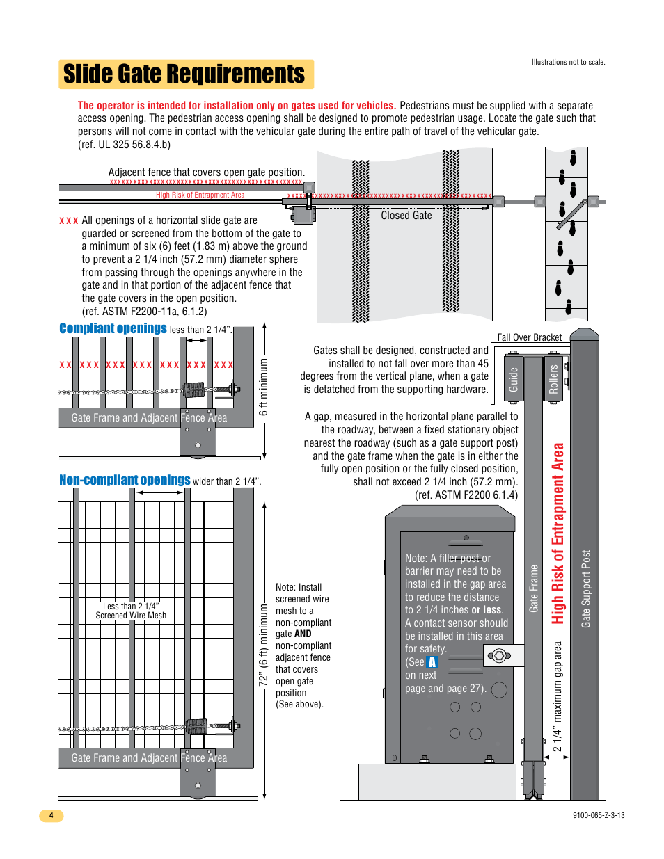 Slide gate requirements, High risk of entrapment area, Non-compliant openings | Compliant openings | Controlled Products Systems Group 9100-080 User Manual | Page 6 / 46