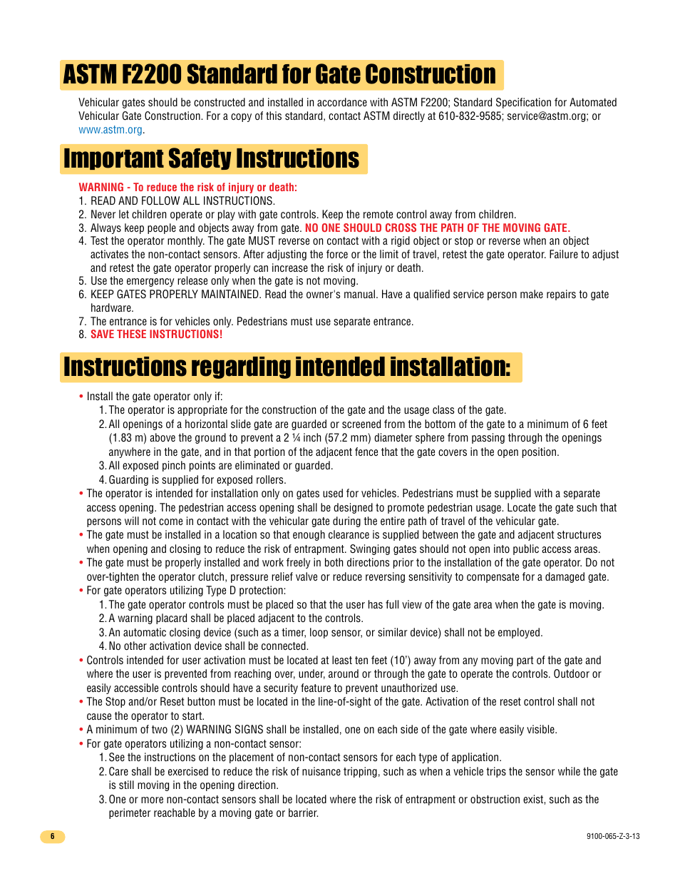 Instructions regarding intended installation, Important safety instructions, Astm f2200 standard for gate construction | Controlled Products Systems Group 9100-080 User Manual | Page 8 / 46