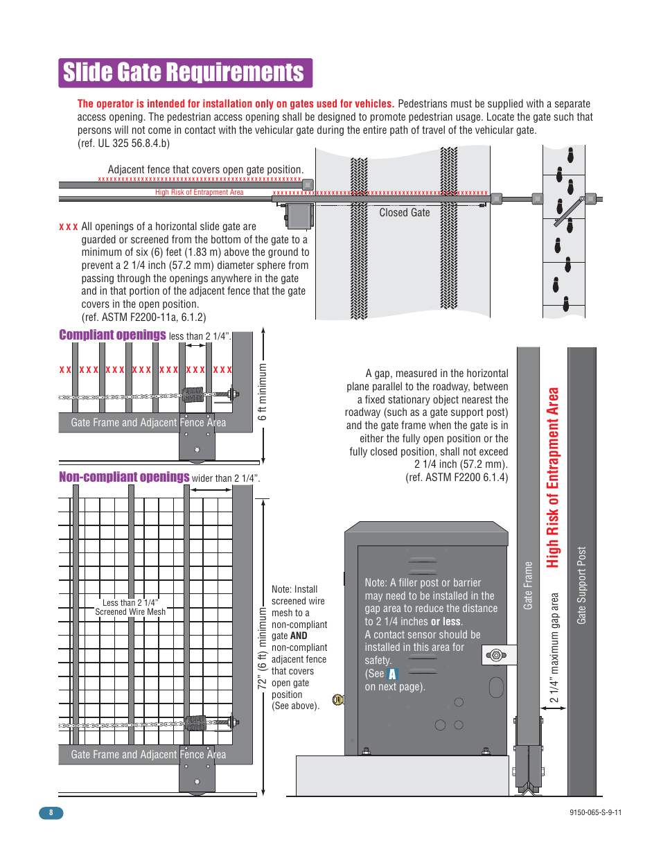 Slide gate requirements, High risk of entrapment area, Non-compliant openings | Compliant openings | Controlled Products Systems Group 9150-080 User Manual | Page 10 / 56