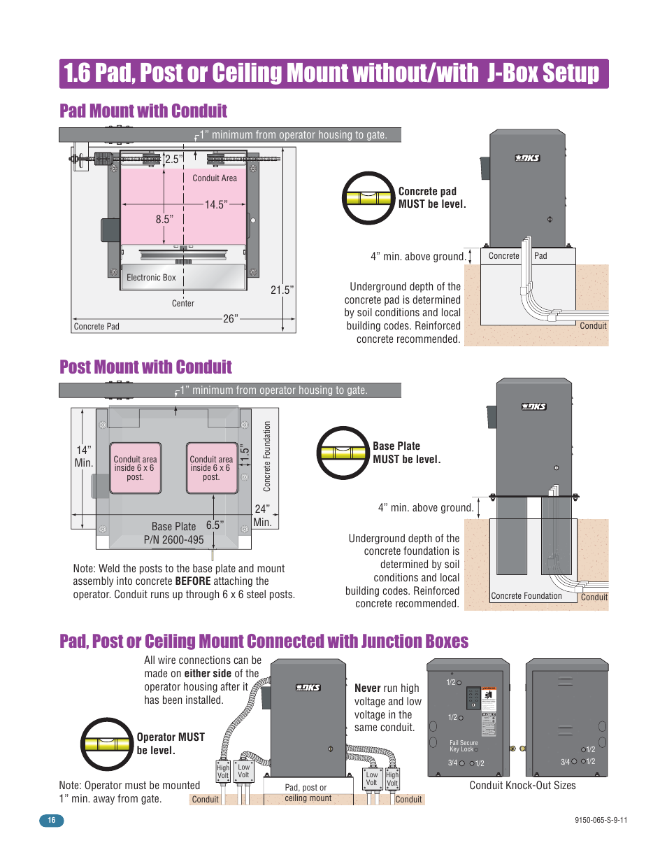 Post mount with conduit pad mount with conduit | Controlled Products Systems Group 9150-080 User Manual | Page 18 / 56