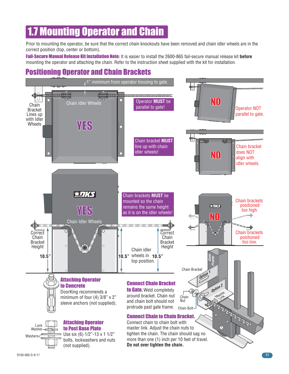 7 mounting operator and chain, Positioning operator and chain brackets | Controlled Products Systems Group 9150-080 User Manual | Page 19 / 56