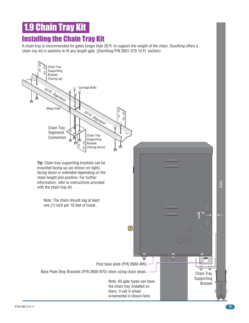 9 chain tray kit, Installing the chain tray kit | Controlled Products Systems Group 9150-080 User Manual | Page 21 / 56