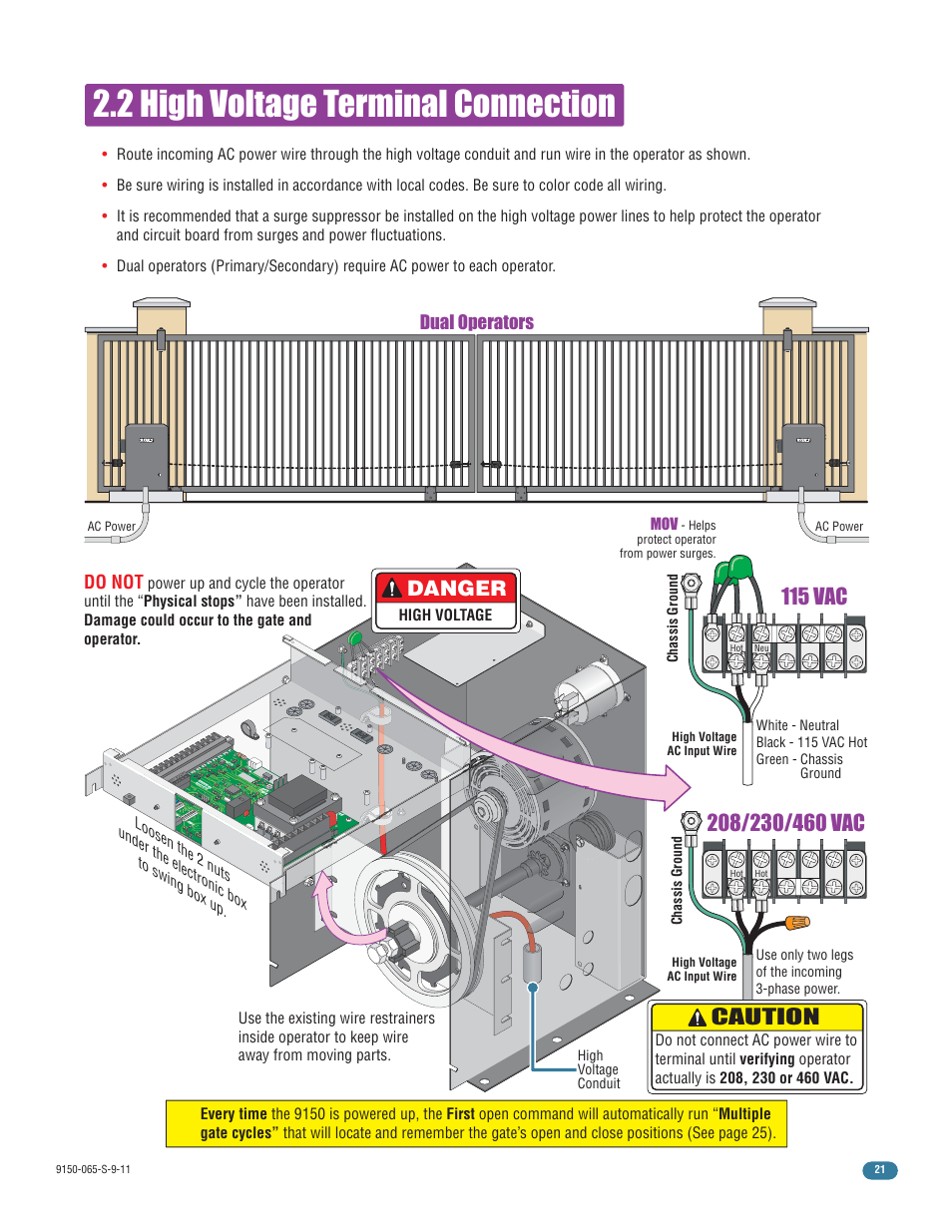 2 high voltage terminal connection, 115 vac, Danger | Caution, Do not, Dual operators, High voltage, High voltage conduit | Controlled Products Systems Group 9150-080 User Manual | Page 23 / 56