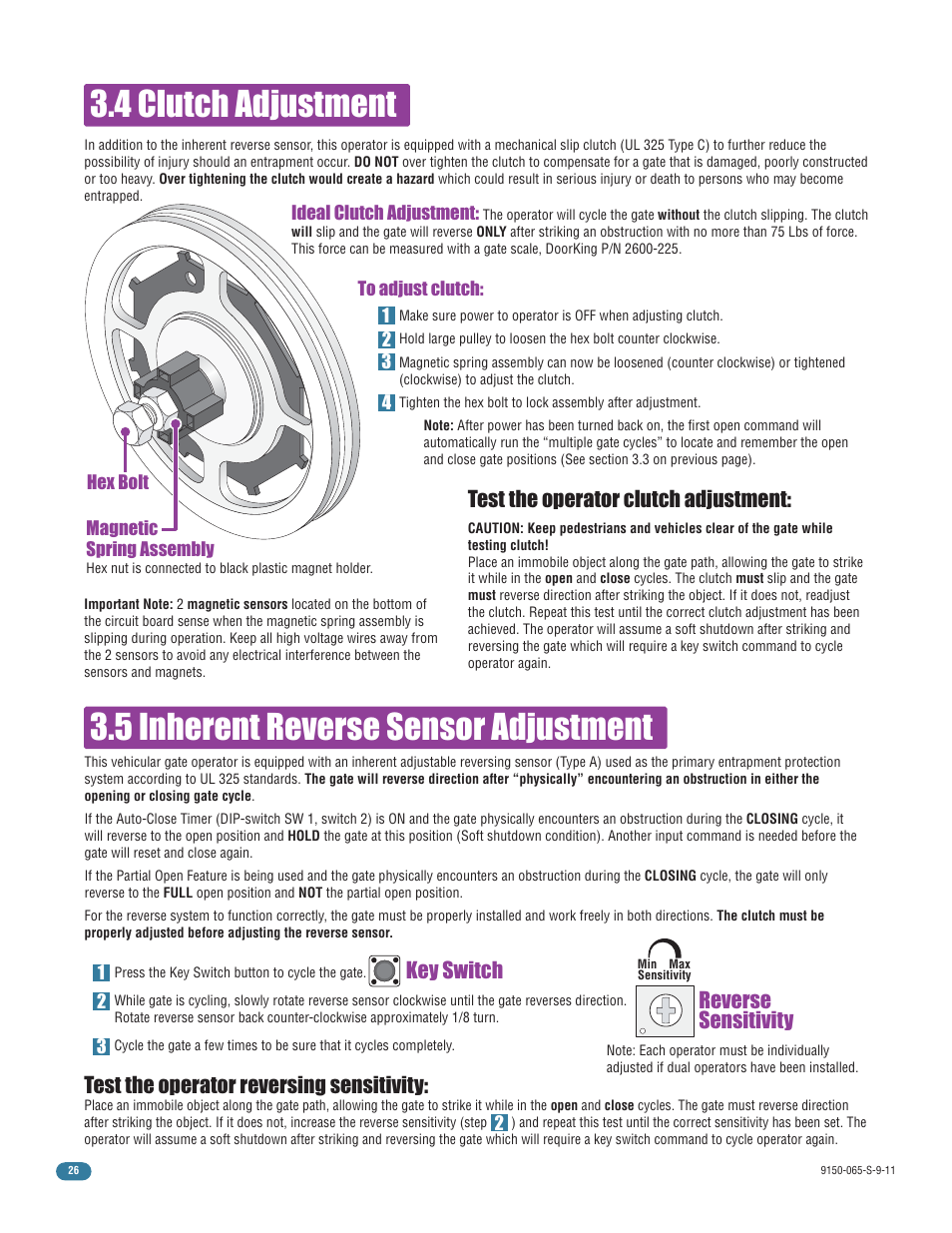 4 clutch adjustment, 5 inherent reverse sensor adjustment, Test the operator clutch adjustment | Test the operator reversing sensitivity, Key switch reverse sensitivity | Controlled Products Systems Group 9150-080 User Manual | Page 28 / 56