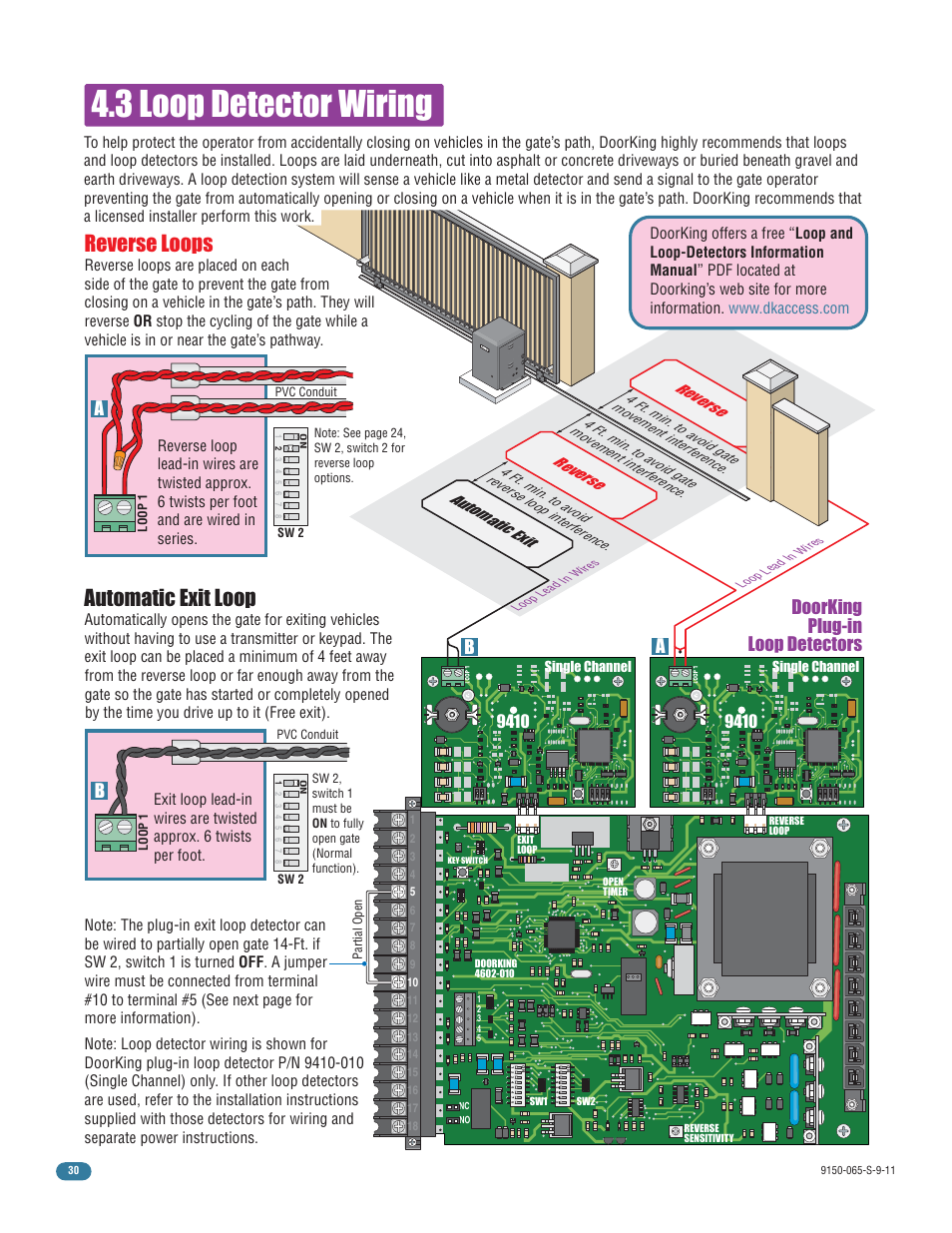 3 loop detector wiring, Automatic exit loop, Reverse loops | Doorking plug-in loop detectors a b | Controlled Products Systems Group 9150-080 User Manual | Page 32 / 56
