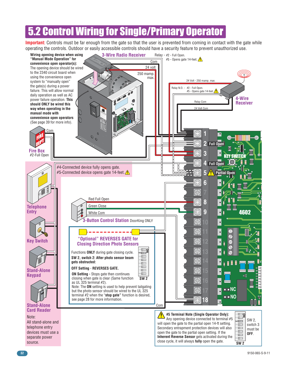 2 control wiring for single/primary operator | Controlled Products Systems Group 9150-080 User Manual | Page 34 / 56