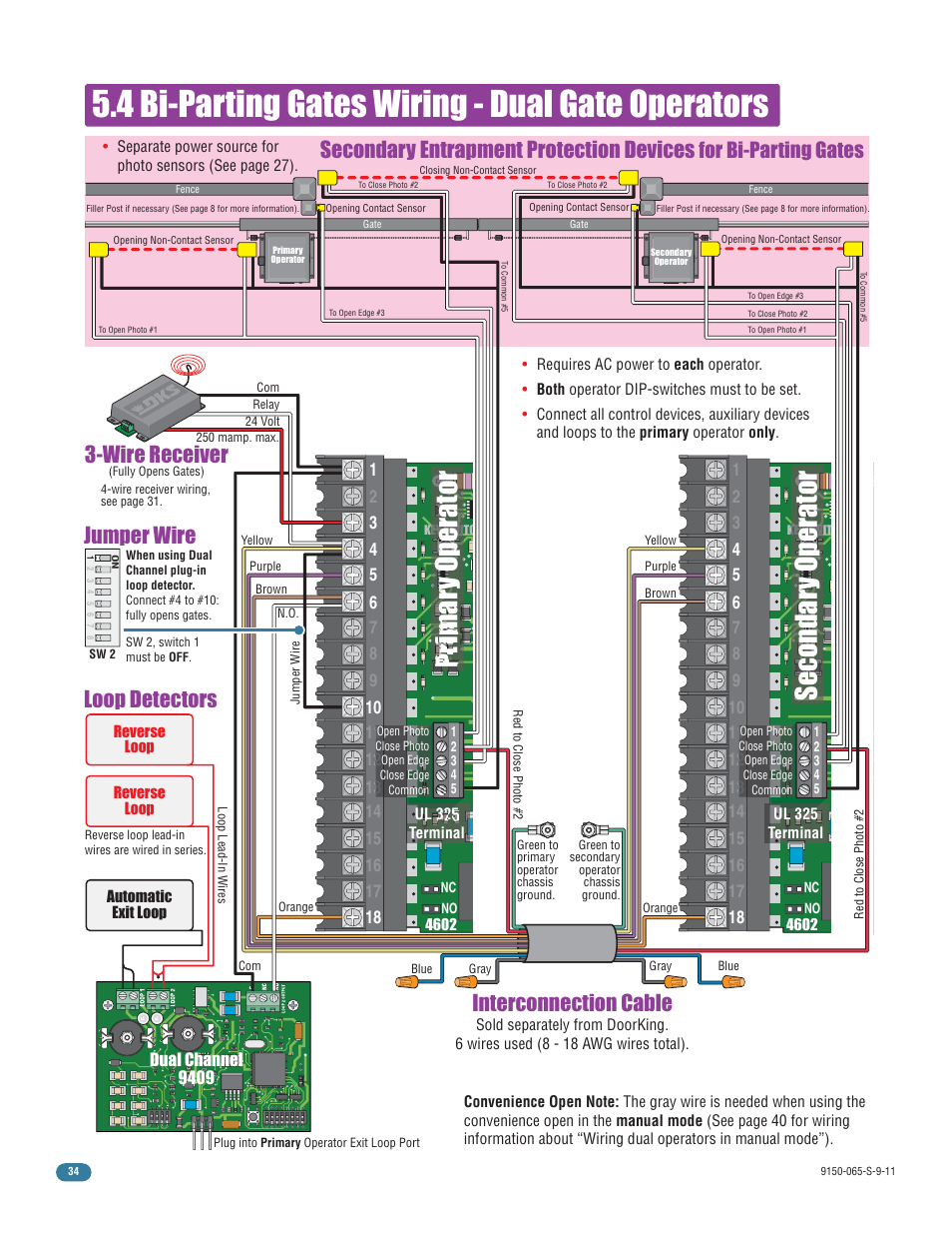 4 bi-parting gates wiring - dual gate operators, Secondar y operator, Primar y operator | Secondary entrapment protection devices, Interconnection cable, Loop detectors 3-wire receiver, Jumper wire, For bi-parting gates | Controlled Products Systems Group 9150-080 User Manual | Page 36 / 56