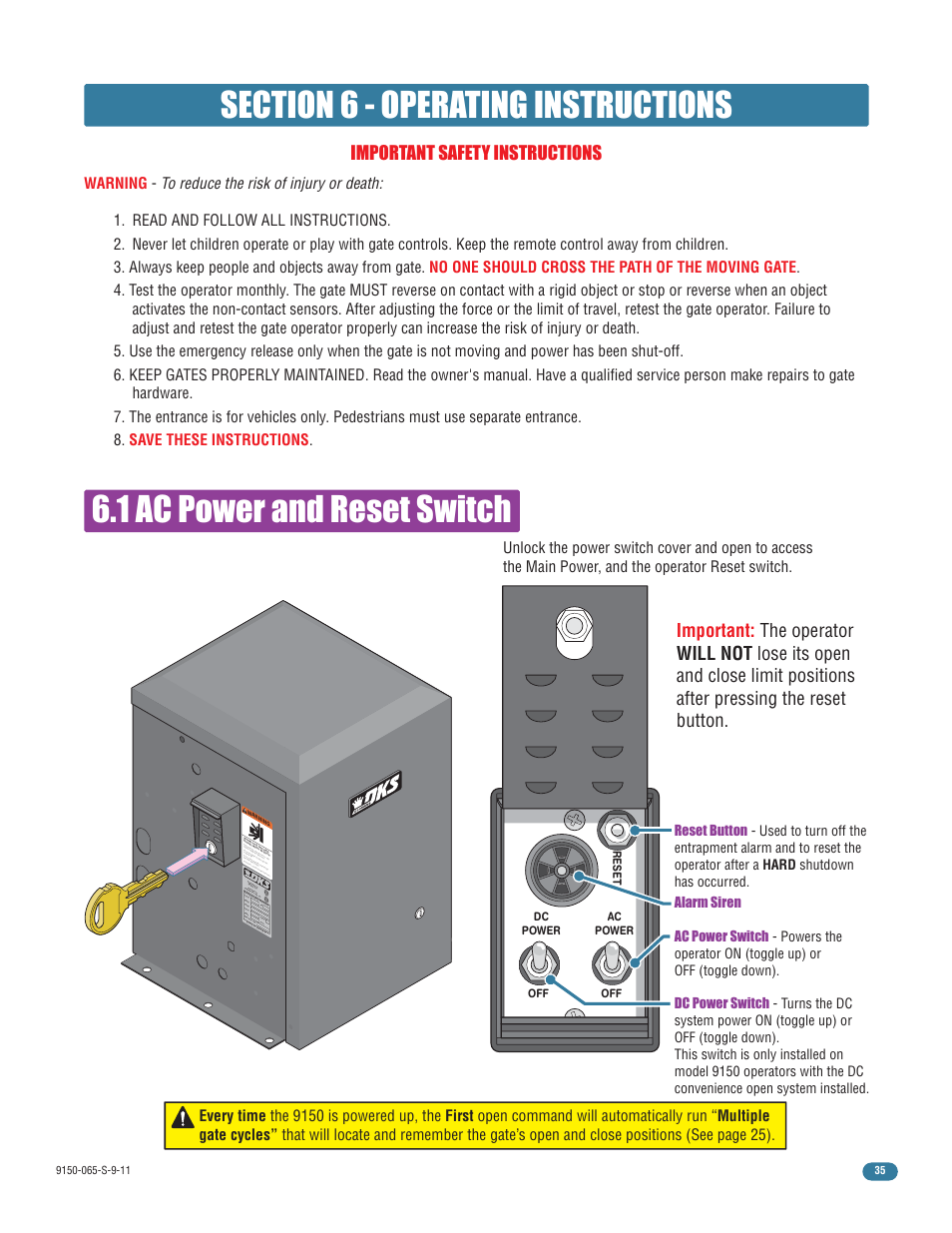 1 ac power and reset switch, Important safety instructions | Controlled Products Systems Group 9150-080 User Manual | Page 37 / 56