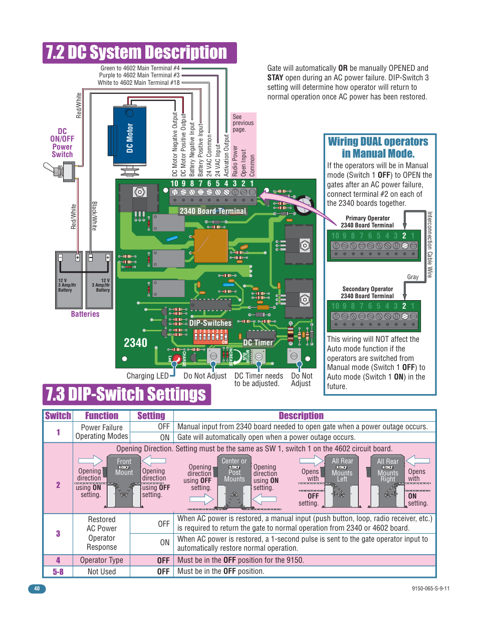 3 dip-switch settings 7.2 dc system description, Wiring dual operators in manual mode, Switch function setting description | Controlled Products Systems Group 9150-080 User Manual | Page 42 / 56
