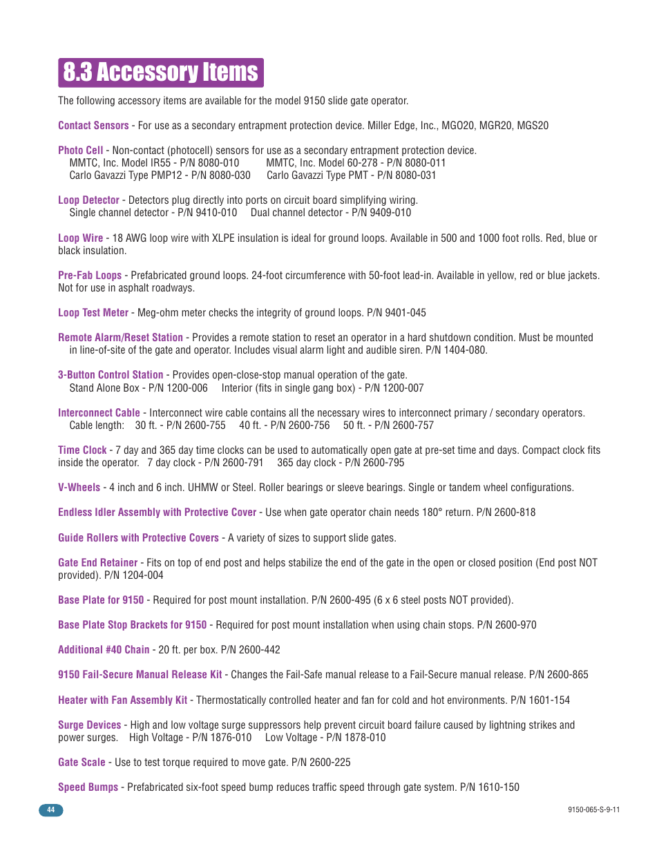 3 accessory items | Controlled Products Systems Group 9150-080 User Manual | Page 46 / 56