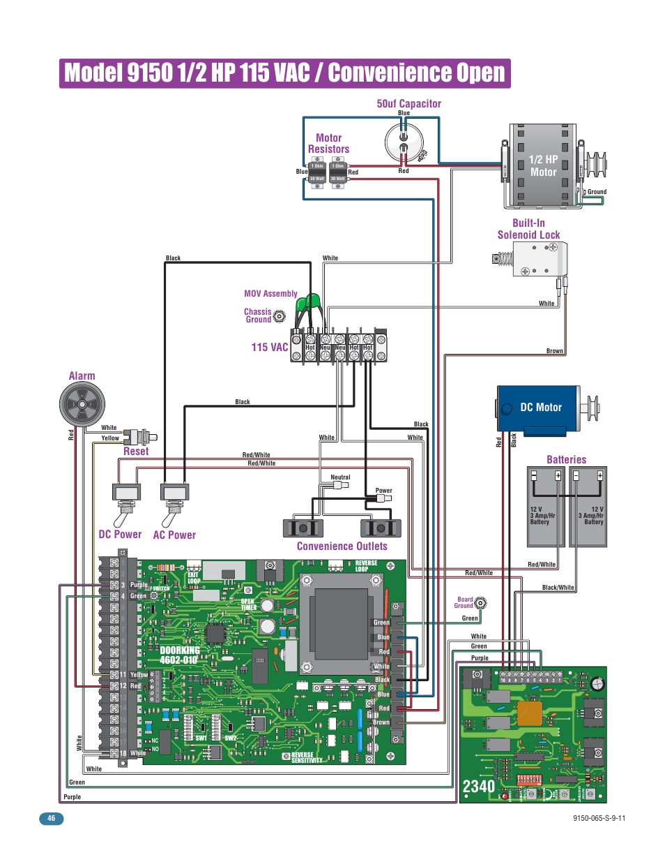 Convenience outlets, Batteries, Motor resistors | 50uf capacitor 1/2 hp motor, Built-in solenoid lock | Controlled Products Systems Group 9150-080 User Manual | Page 48 / 56