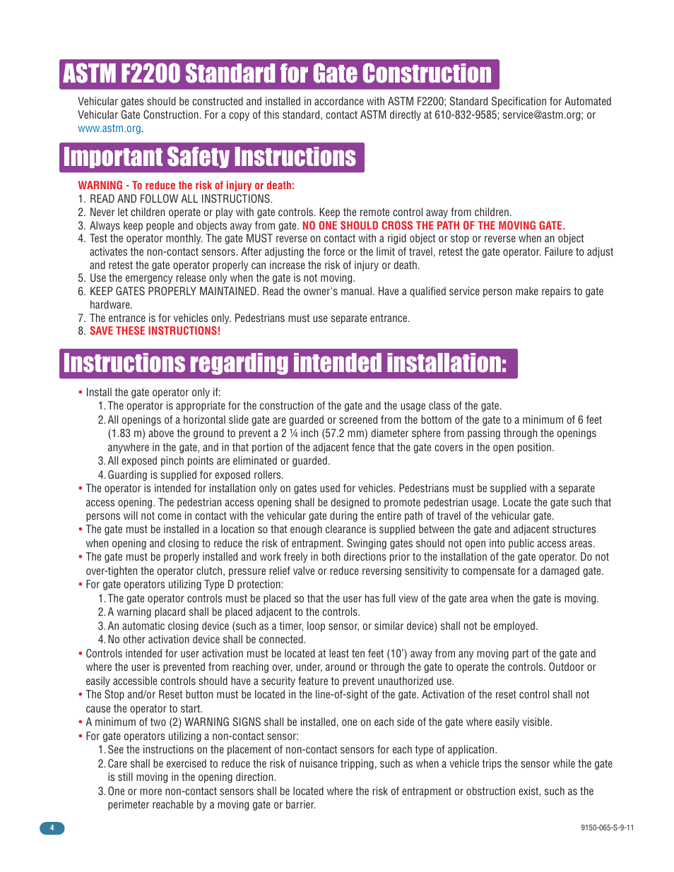 Instructions regarding intended installation, Important safety instructions, Astm f2200 standard for gate construction | Controlled Products Systems Group 9150-080 User Manual | Page 6 / 56