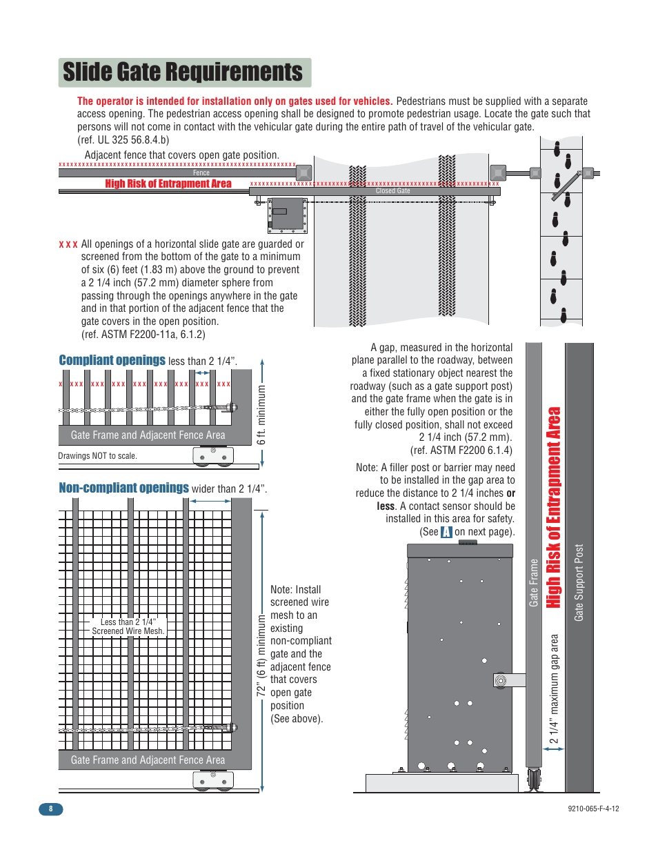 Slide gate requirements, High risk of entrapment area, Non-compliant openings | Compliant openings | Controlled Products Systems Group 9210-081 User Manual | Page 10 / 42