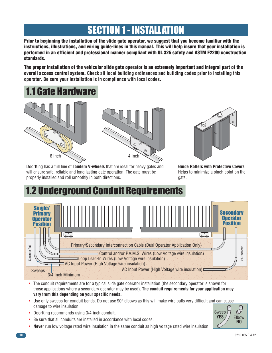 2 underground conduit requirements, 1 gate hardware | Controlled Products Systems Group 9210-081 User Manual | Page 12 / 42