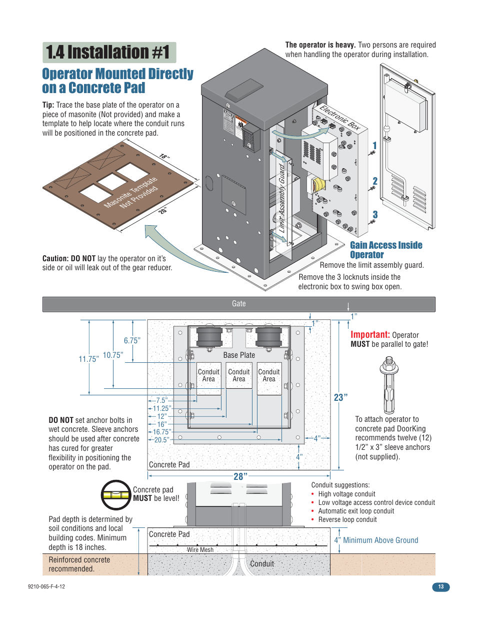 4 installation #1, Operator mounted directly on a concrete pad, Gain access inside operator | Important | Controlled Products Systems Group 9210-081 User Manual | Page 15 / 42
