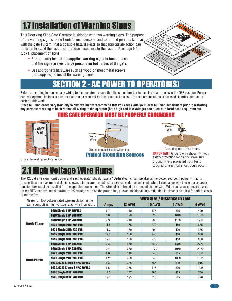 7 installation of warning signs, 1 high voltage wire runs, This gate operator must be properly grounded | Typical grounding sources, Wire size / distance in feet | Controlled Products Systems Group 9210-081 User Manual | Page 19 / 42