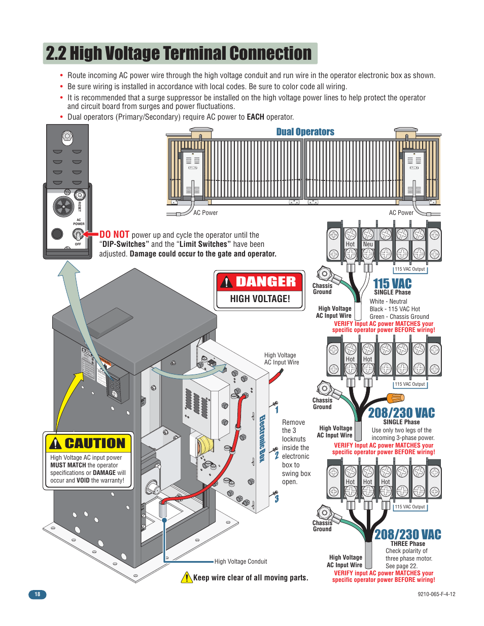 2 high voltage terminal connection, Danger, 115 vac | Caution, High voltage, Do not, Dual operators | Controlled Products Systems Group 9210-081 User Manual | Page 20 / 42