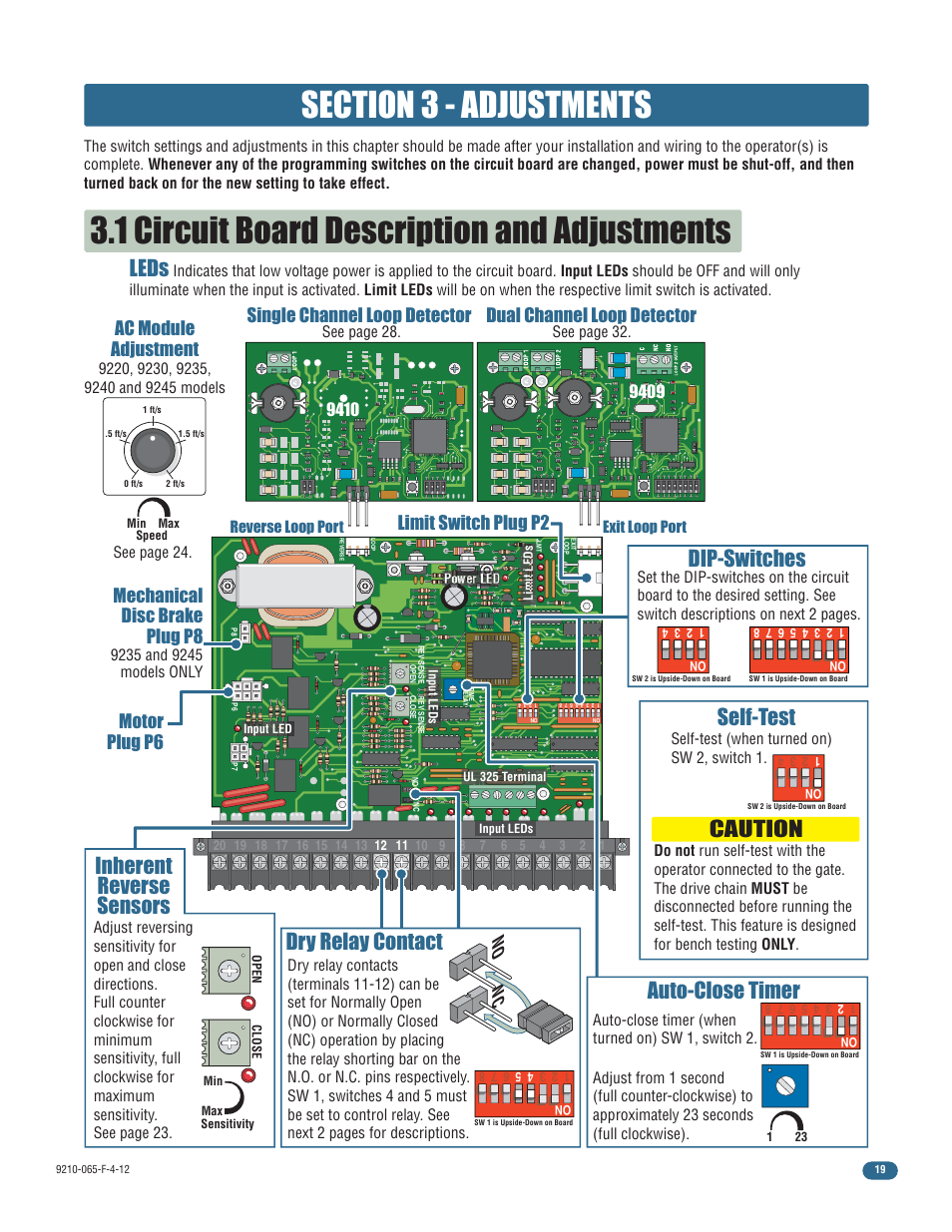 Auto-close timer, Dry relay contact, Dip-switches leds | Inherent reverse sensors, Caution, Self-test, Ac module adjustment, Motor plug p6 mechanical disc brake plug p8, Limit switch plug p2, Nc no | Controlled Products Systems Group 9210-081 User Manual | Page 21 / 42