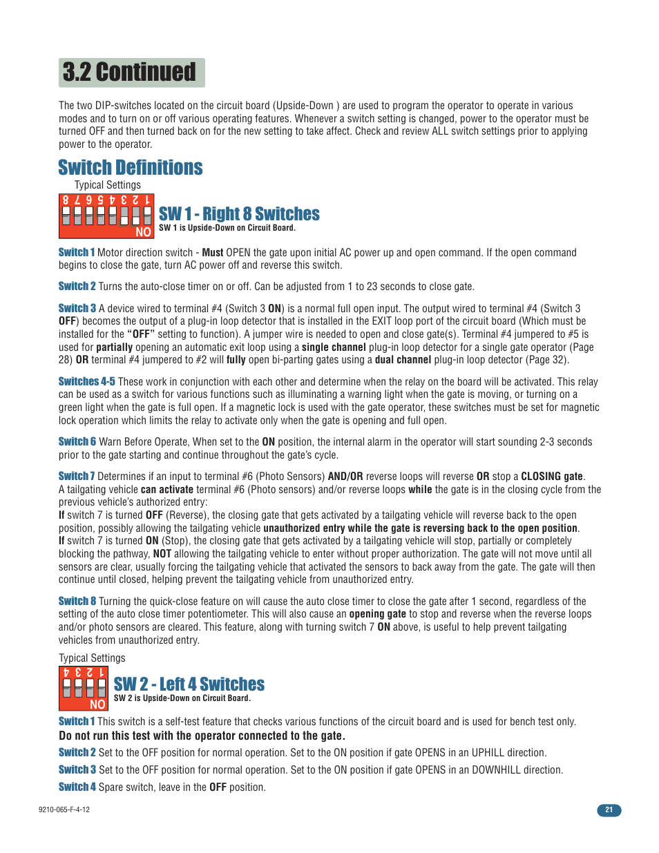 2 continued, Switch definitions, Sw 2 - left 4 switches | Sw 1 - right 8 switches | Controlled Products Systems Group 9210-081 User Manual | Page 23 / 42