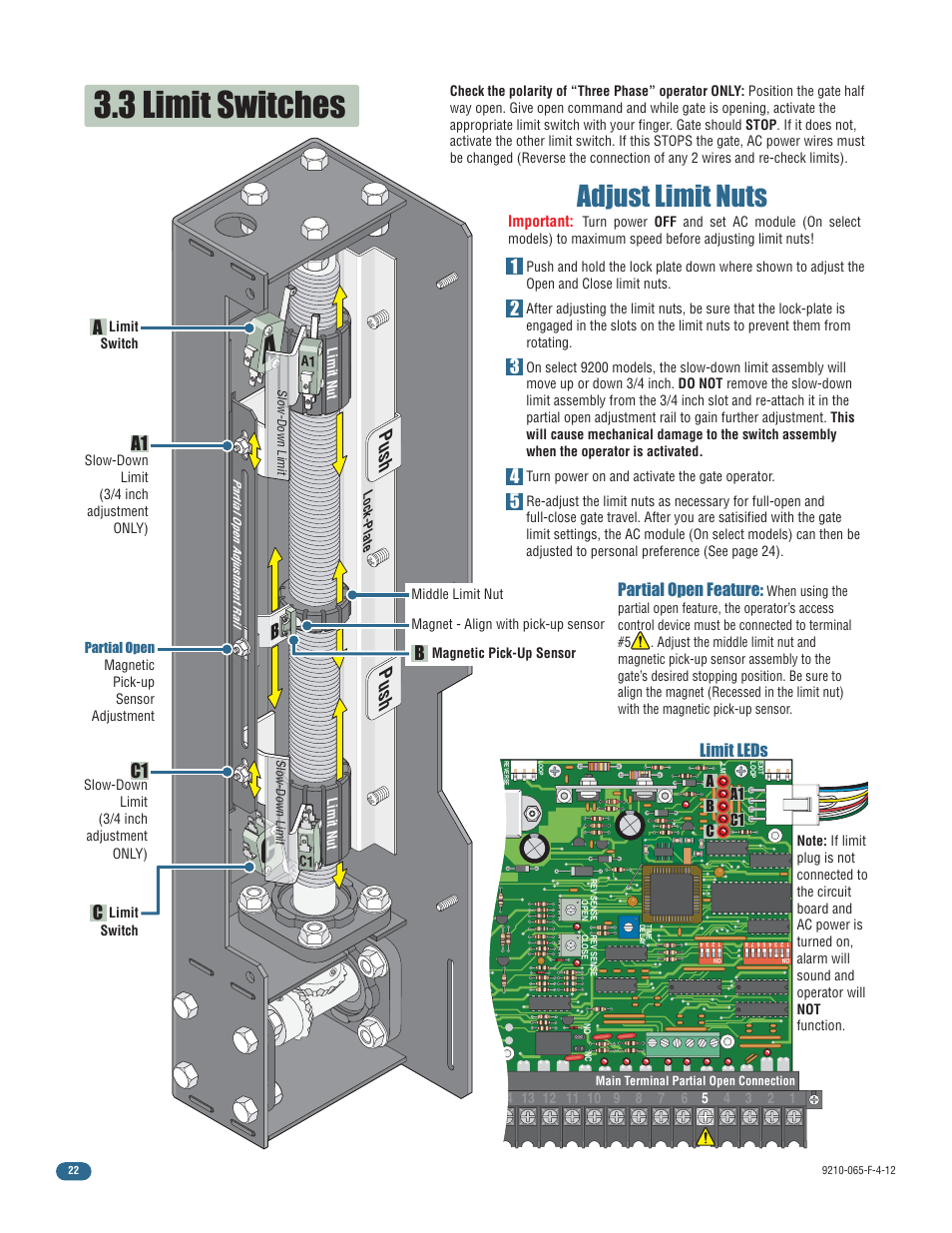 3 limit switches, Adjust limit nuts, Push | Ac a1 c1, Limit leds, Partial open feature | Controlled Products Systems Group 9210-081 User Manual | Page 24 / 42