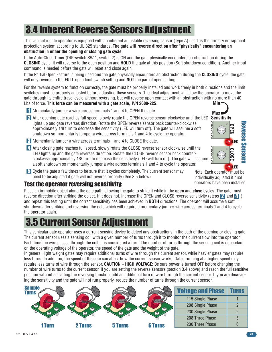 4 inherent reverse sensors adjustment, 5 current sensor adjustment, Test the operator reversing sensitivity | Reverse sensors, Voltage and phase turns | Controlled Products Systems Group 9210-081 User Manual | Page 25 / 42