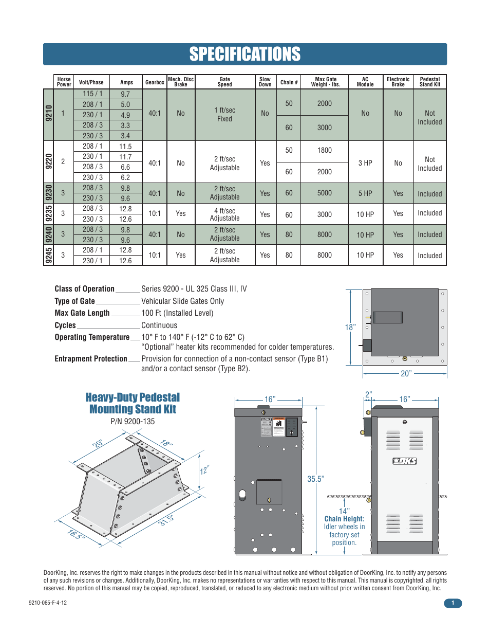 Specifications, Heavy-duty pedestal mounting stand kit | Controlled Products Systems Group 9210-081 User Manual | Page 3 / 42