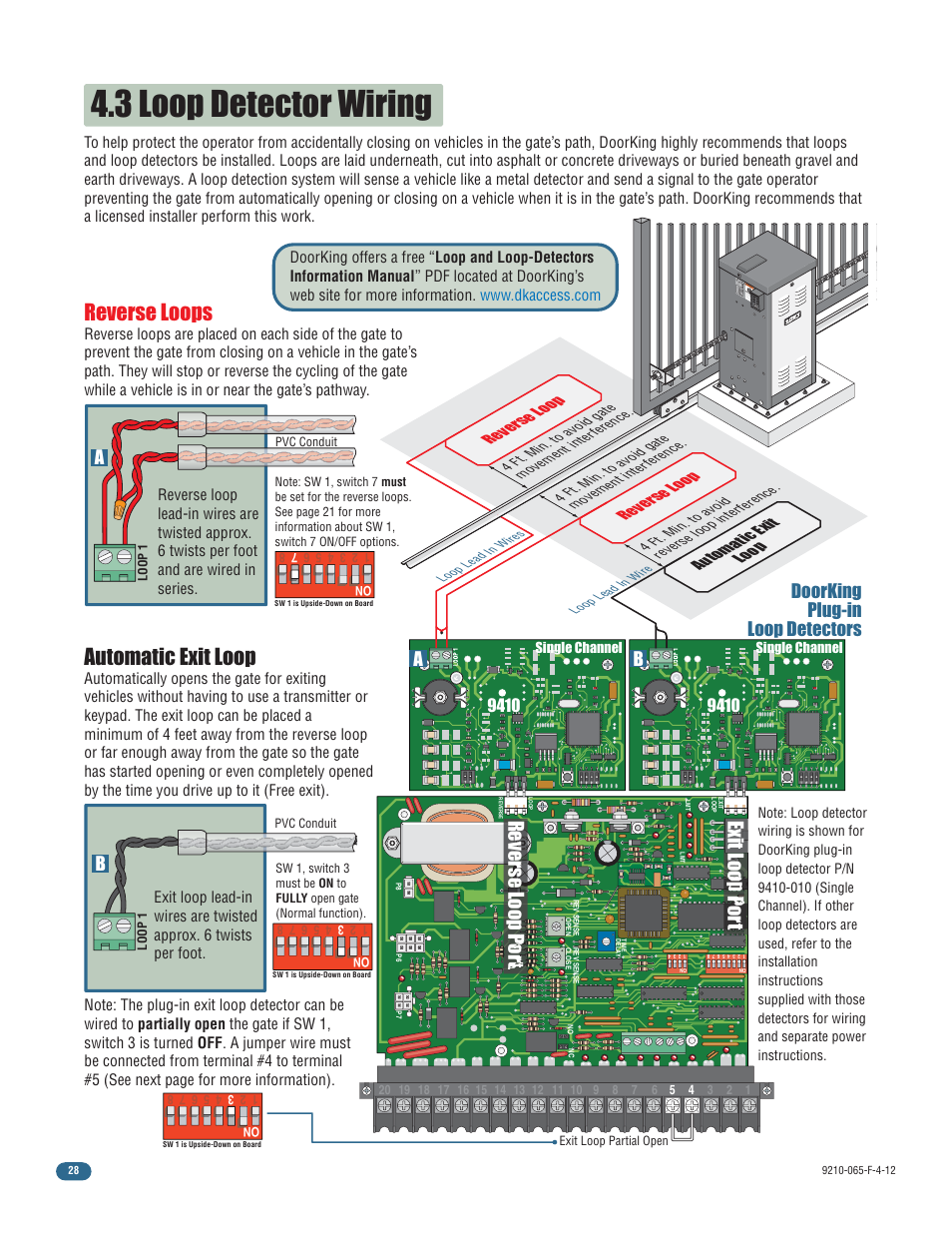 3 loop detector wiring, Reverse loops, Automatic exit loop | Exit loop por t reverse loop por t, Doorking plug-in loop detectors | Controlled Products Systems Group 9210-081 User Manual | Page 30 / 42
