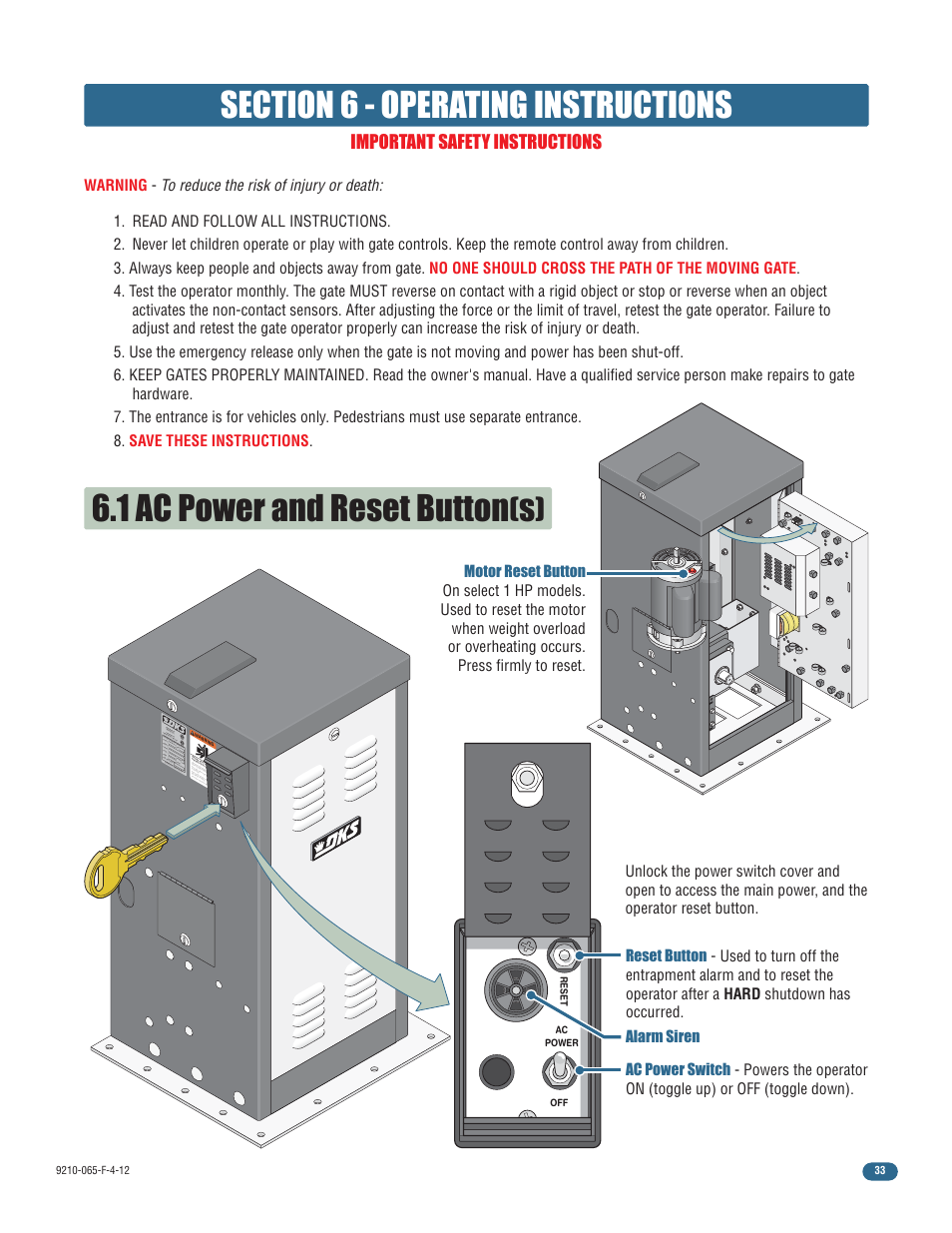 1 ac power and reset button, Important safety instructions | Controlled Products Systems Group 9210-081 User Manual | Page 35 / 42
