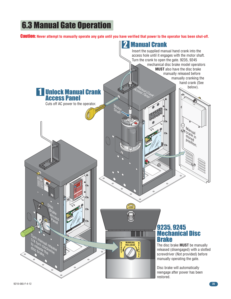 3 manual gate operation, Unlock manual crank access panel, Caution | Controlled Products Systems Group 9210-081 User Manual | Page 37 / 42