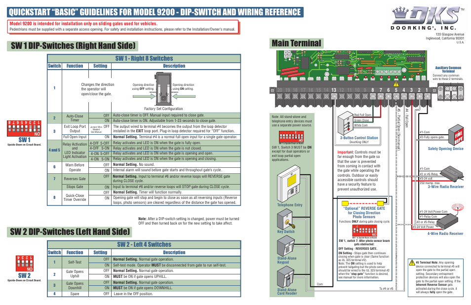 Main terminal, Sw 2 - left 4 switches, Sw 1 | Sw 2, Sw 1 - right 8 switches, Switch function setting description | Controlled Products Systems Group 9210-081 User Manual | Page 2 / 2