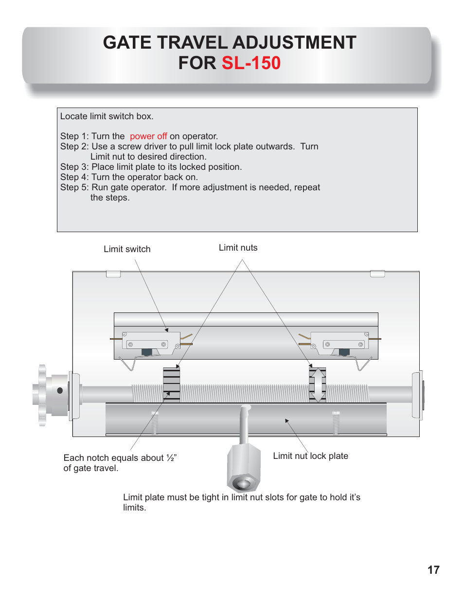 Sl-150 travel adjustment, Gate travel adjustment for sl-150 | Controlled Products Systems Group AOMSL100 User Manual | Page 10 / 27