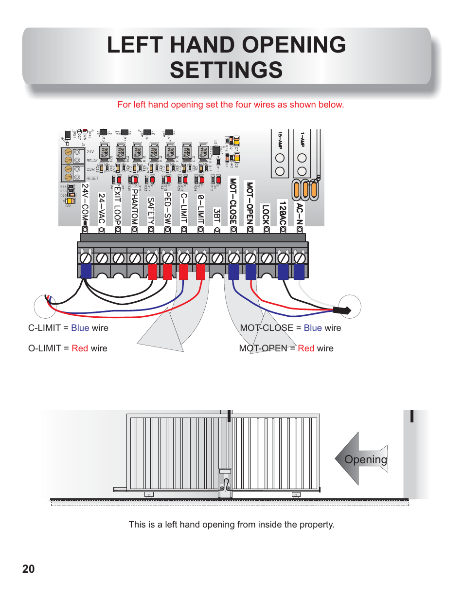 Left hand opening settings, Opening | Controlled Products Systems Group AOMSL100 User Manual | Page 11 / 27