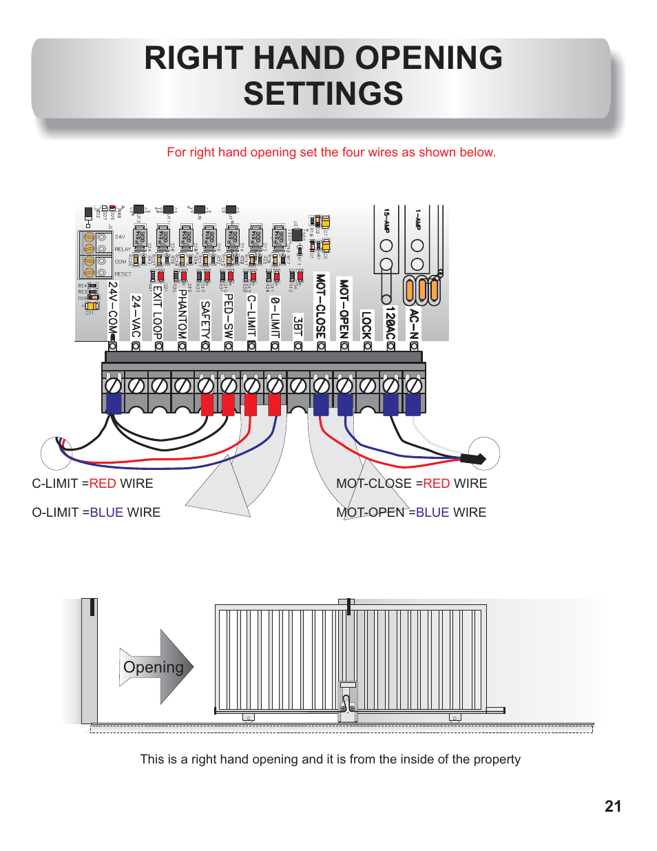 Right hand opening setting, Right hand opening settings, 21 opening | Controlled Products Systems Group AOMSL100 User Manual | Page 12 / 27