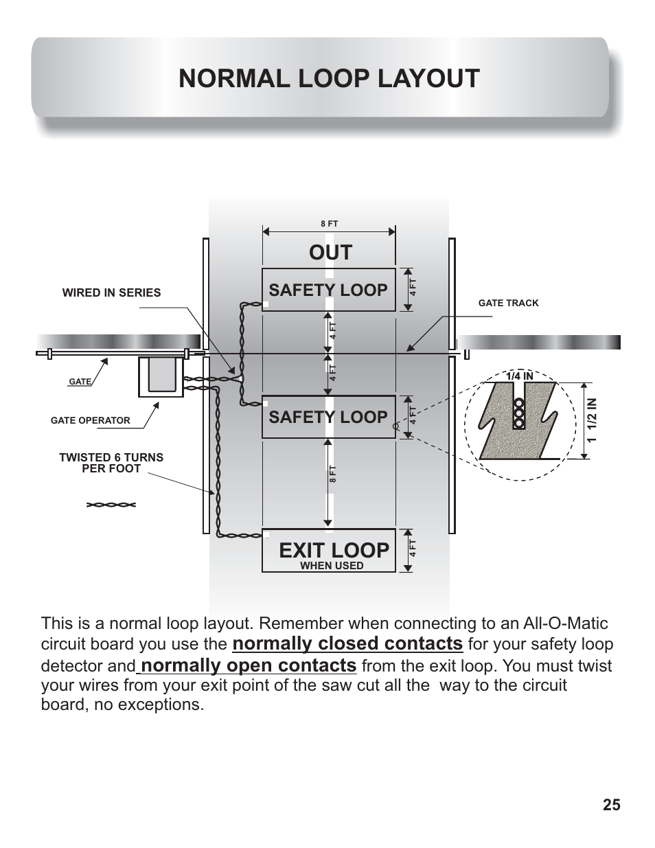 Loop layout, Normal loop layout, Exit loop | Normally closed contacts normally open contacts, Safety loop | Controlled Products Systems Group AOMSL100 User Manual | Page 14 / 27