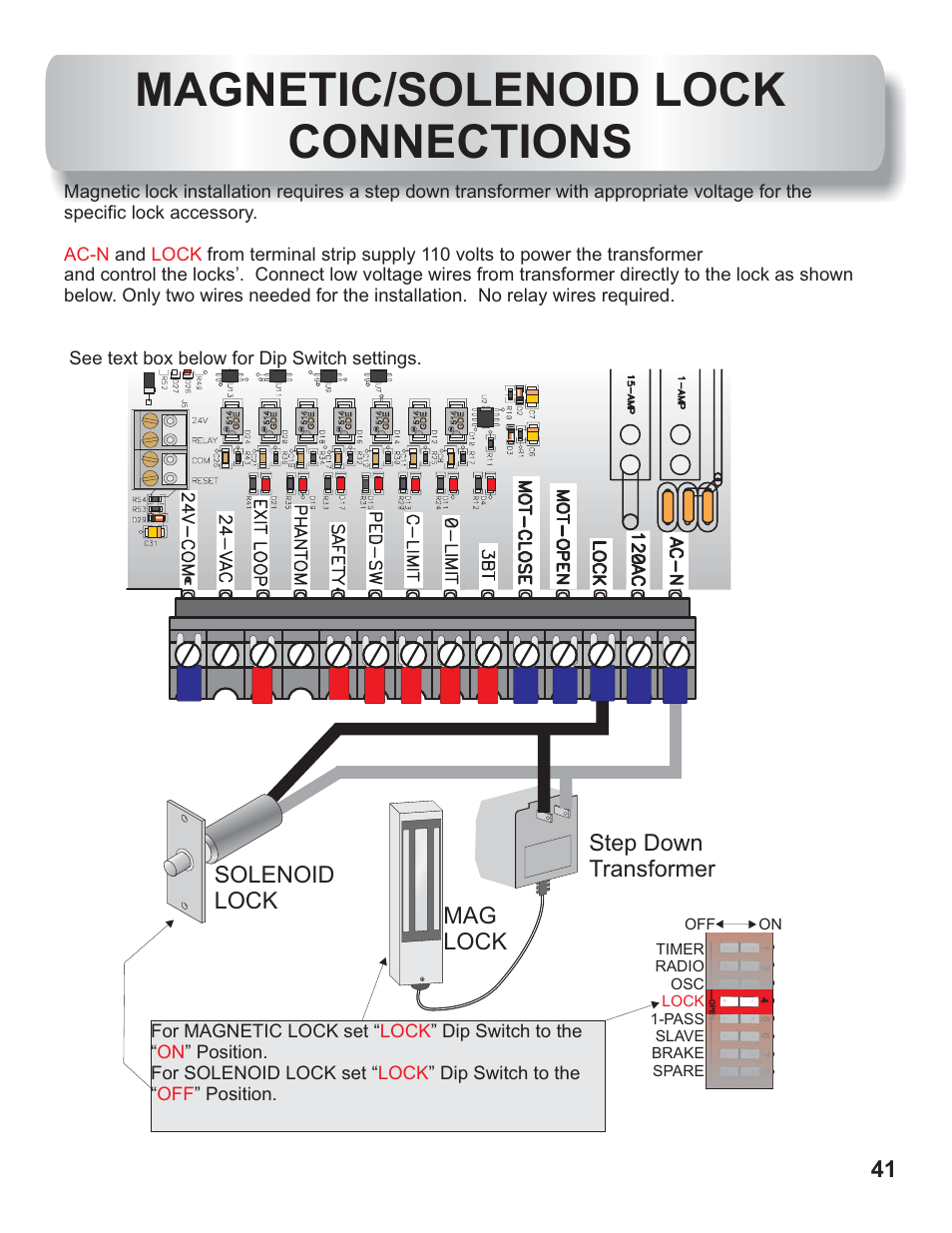 Magnetic/solenoid lock installation, Magnetic/solenoid lock connections, Mag lock solenoid lock step down transformer | Controlled Products Systems Group AOMSL100 User Manual | Page 22 / 27